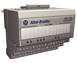 A slightly right-facing grey measurement module with the blue Allen-Bradley logo in the upper left corner and a slight view of the top of the module