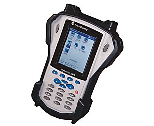 Portable hand-held data collector with LCD display, blue directional and function buttons, and grey numbered buttons