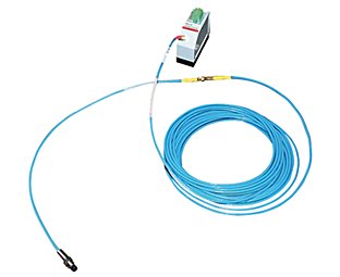 A coiled blue cable with one end attached to a metallic probe in the lower left corner and the other end attached to a driver module